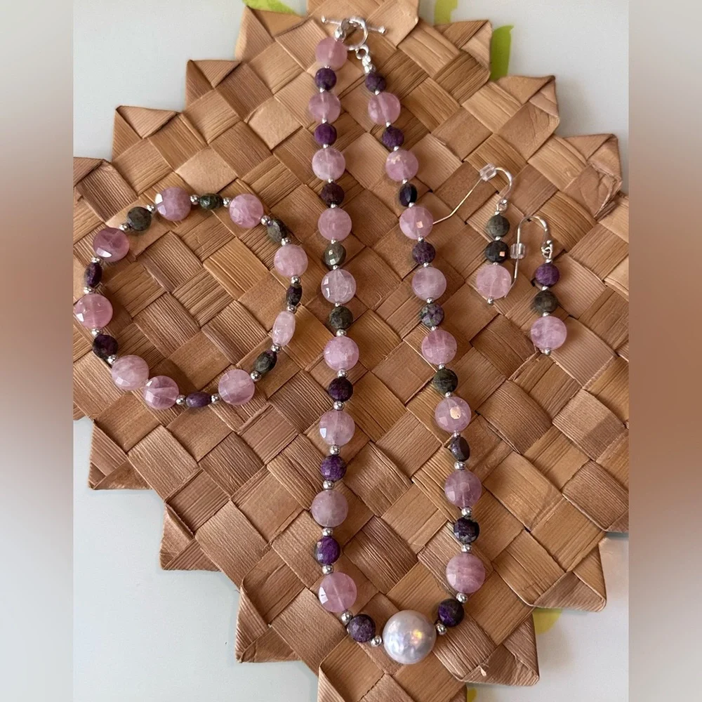 Rose Quartz Atlantisite Coin & freshwater pearl Set in .925 Sterling Silver S14 - Picture 1 of 12